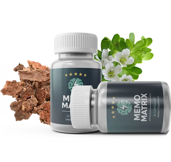 Memo Matrix bottle side view showing supplement facts and 30-capsule count
